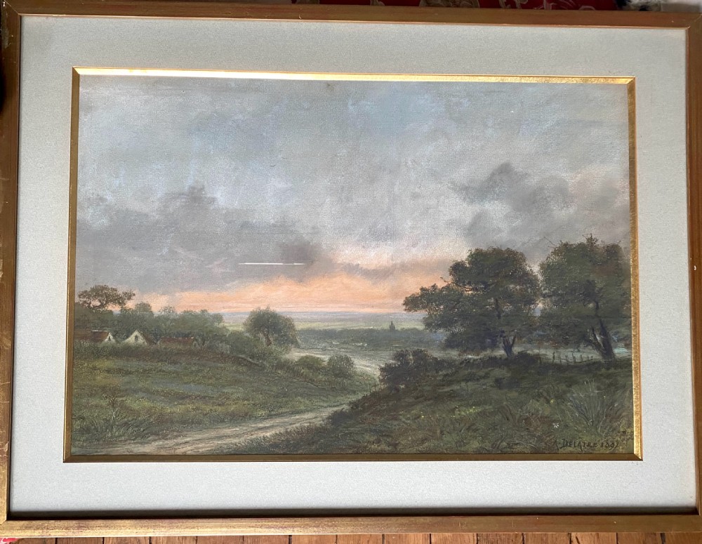 A 19th-century pastel landscape drawing depicting a dirt path through grassy fields beneath an evening sky with a pink sunset glow. View V