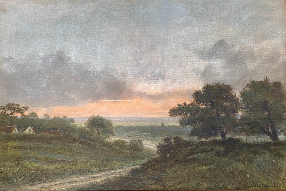 A 19th-century pastel landscape drawing depicting a dirt path through grassy fields beneath an evening sky with a pink sunset glow. View III