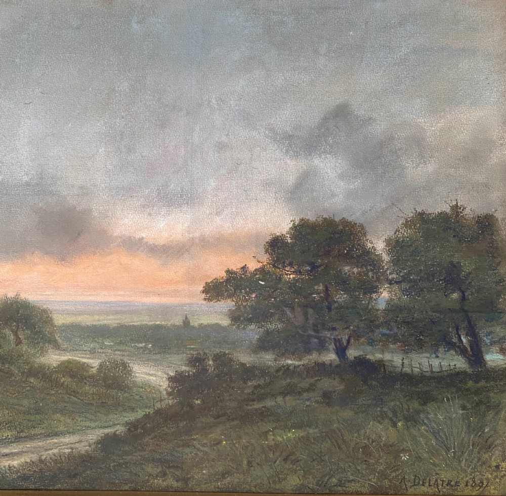 A 19th-century pastel landscape drawing depicting a dirt path through grassy fields beneath an evening sky with a pink sunset glow. View VI