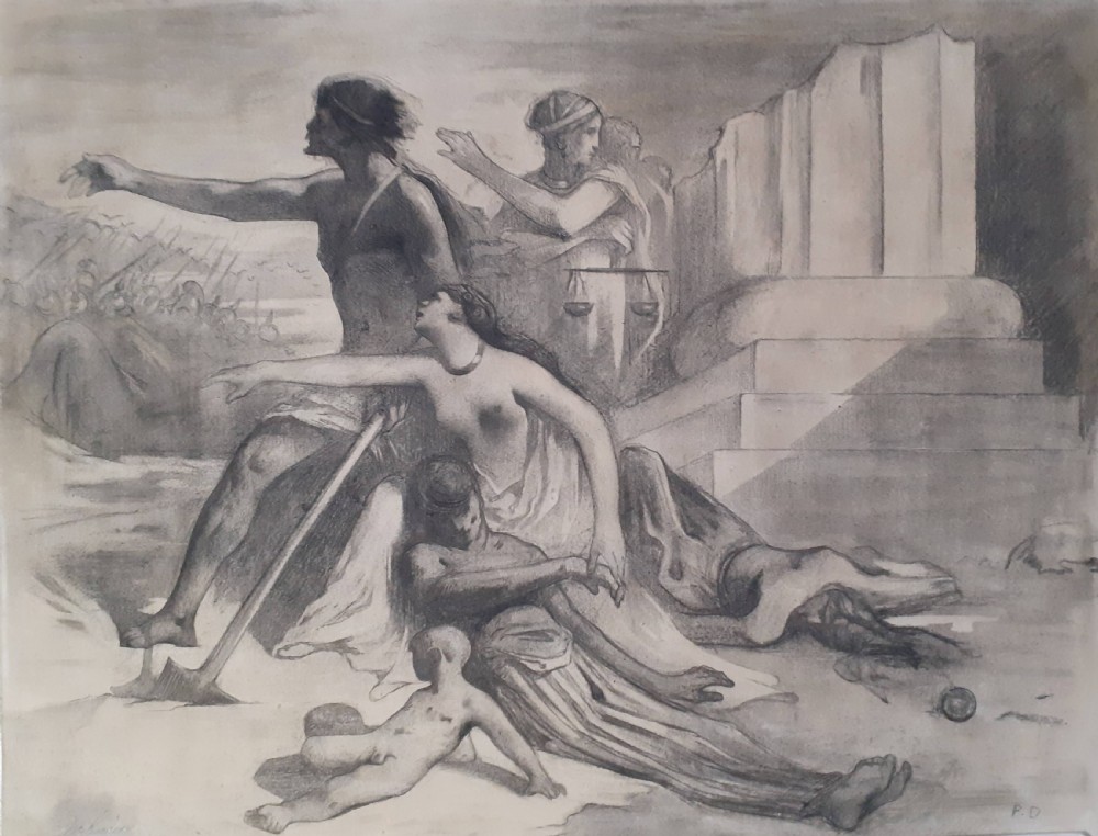 An antique French graphite drawing on paper depicting allegorical classical figures amidst temple ruins.