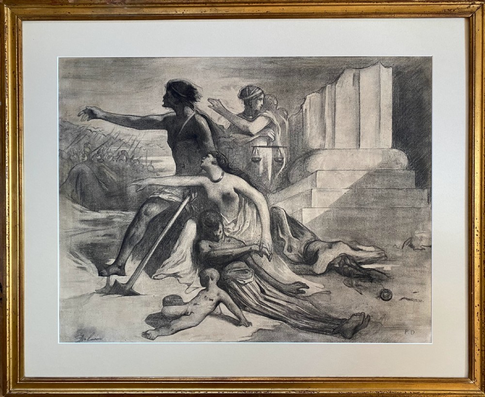 An antique French graphite drawing on paper depicting allegorical classical figures amidst temple ruins. View II