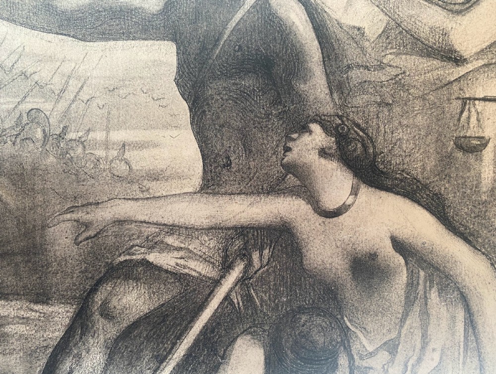 An antique French graphite drawing on paper depicting allegorical classical figures amidst temple ruins. View V