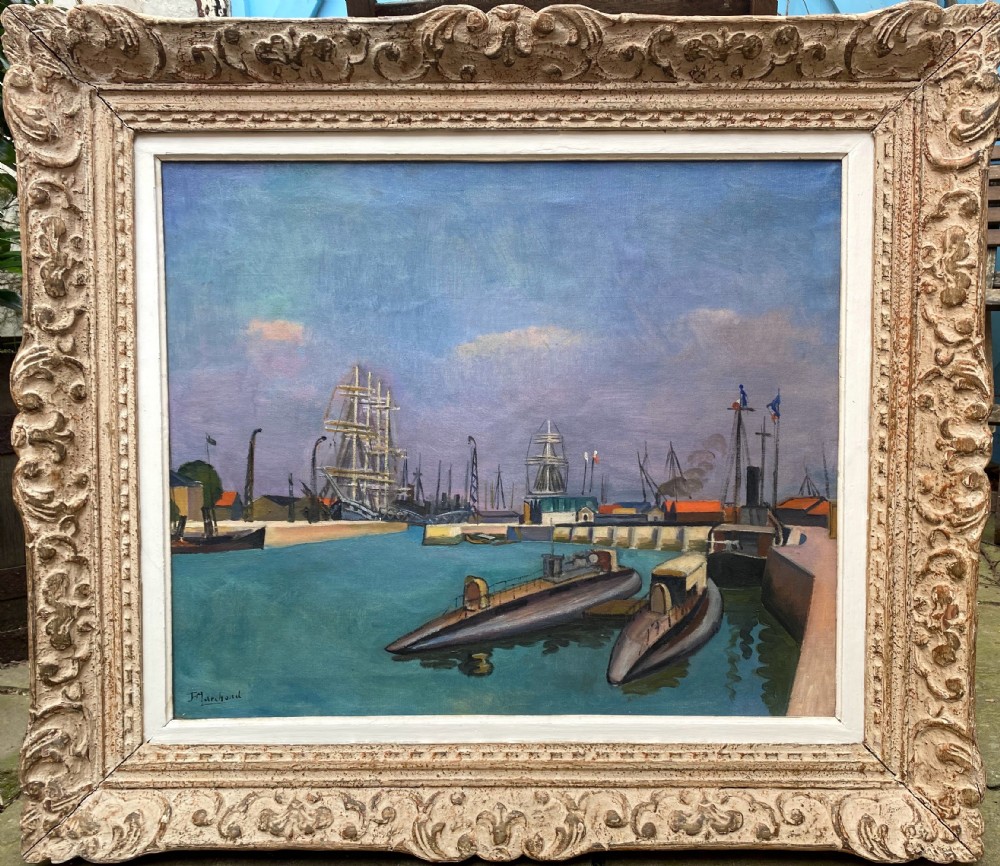 Masterpiece: fauvist submarines, 1915, cubist harbour scene by Bloomsbury group artist Jean Hippolyte Marchand large antique oil on canvas View IX
