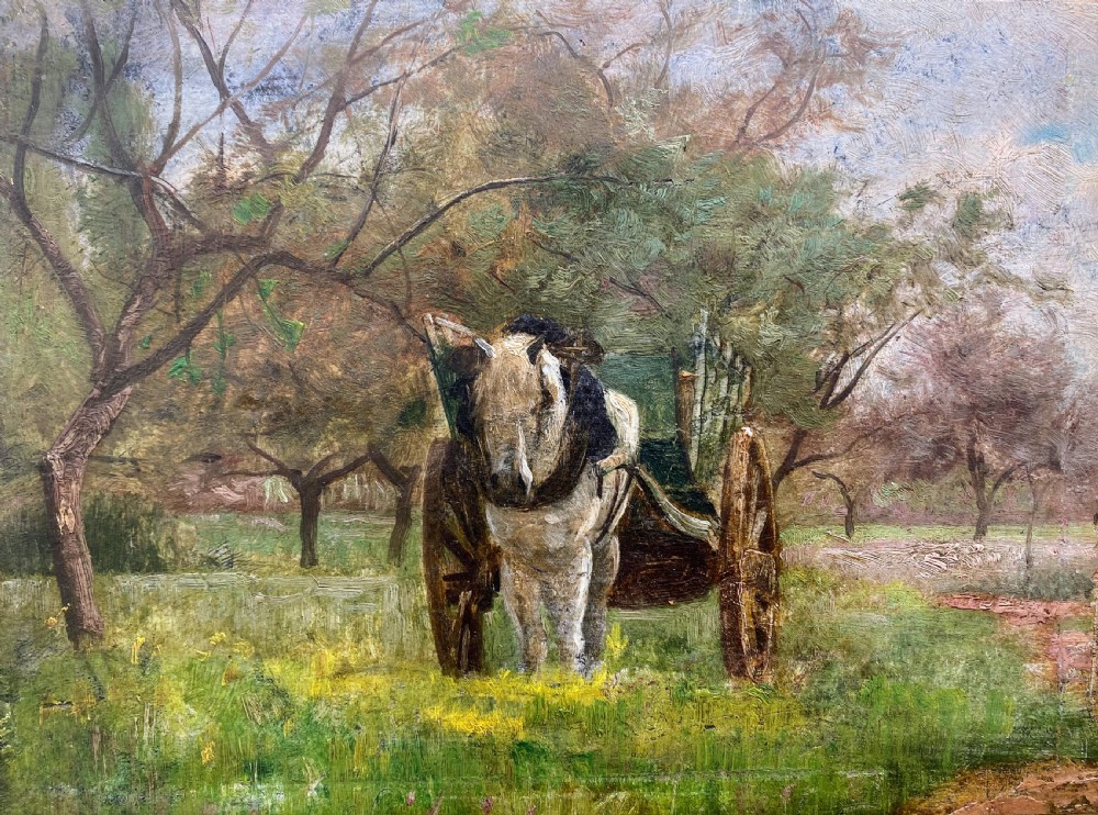 The little white cart horse in spring ca 1890 French impressionist equestrian painting oil on panel