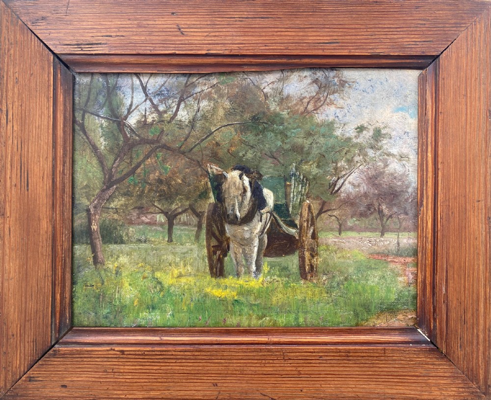 The little white cart horse in spring ca 1890 French impressionist equestrian painting oil on panel View II