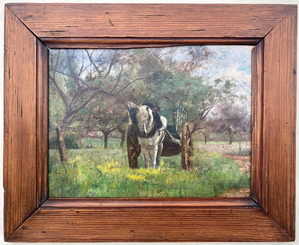 The little white cart horse in spring ca 1890 French impressionist equestrian painting oil on panel View III