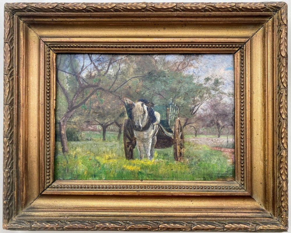 The little white cart horse in spring ca 1890 French impressionist equestrian painting oil on panel View IV
