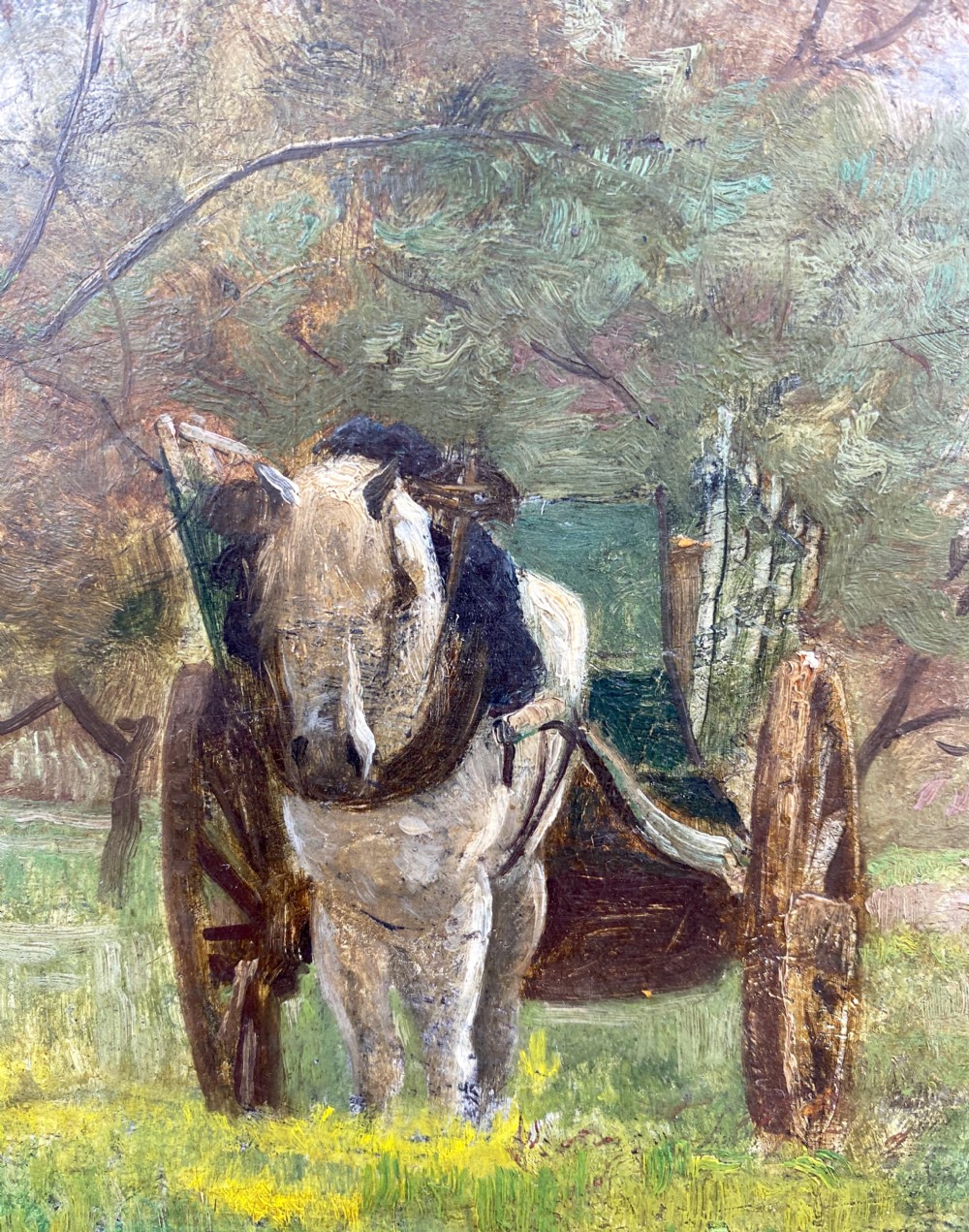 The little white cart horse in spring ca 1890 French impressionist equestrian painting oil on panel View VI