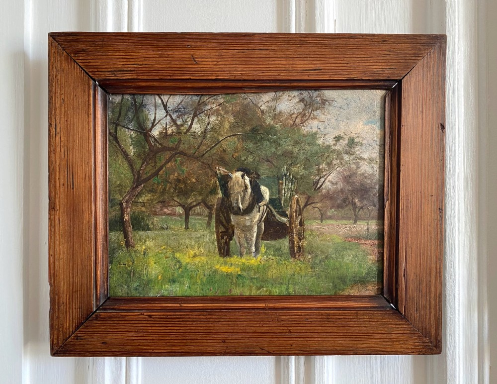 The little white cart horse in spring ca 1890 French impressionist equestrian painting oil on panel View VII
