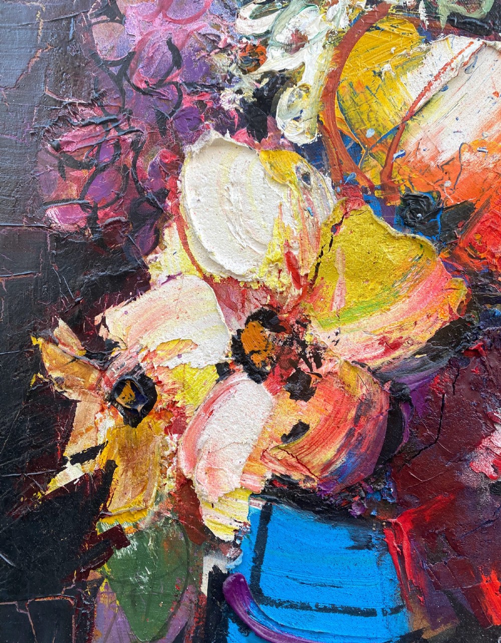 Jazzy Flowers, vibrant modernist floral still live ca 1960 French oil on canvas View IV
