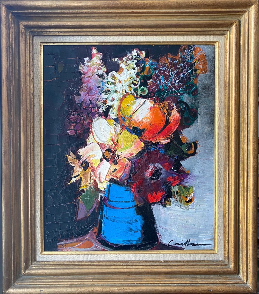 Jazzy Flowers, vibrant modernist floral still live ca 1960 French oil on canvas