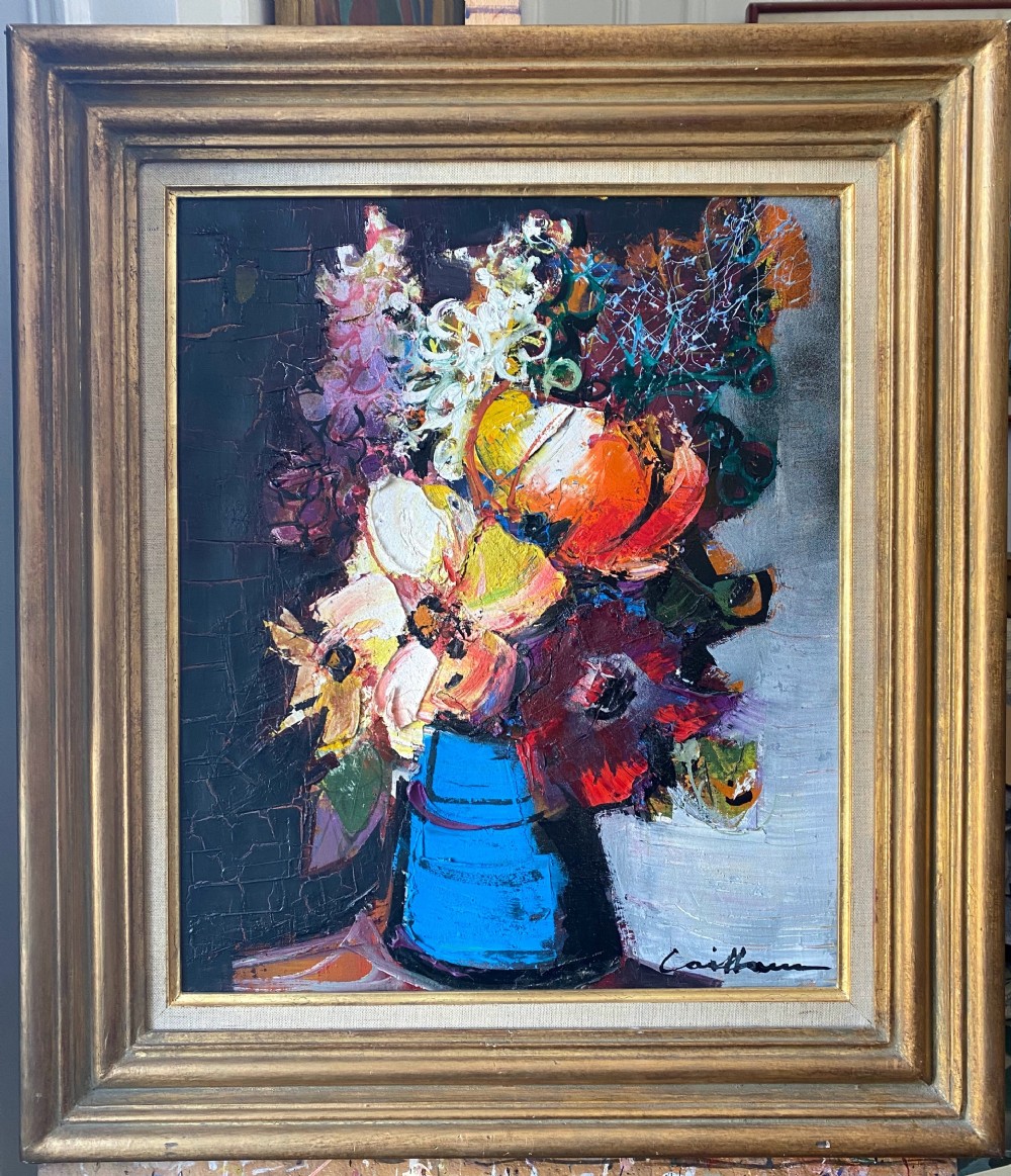 Jazzy Flowers, vibrant modernist floral still live ca 1960 French oil on canvas View V