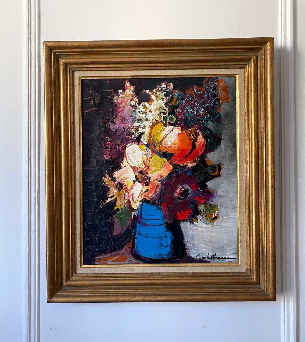 Jazzy Flowers, vibrant modernist floral still live ca 1960 French oil on canvas View VI