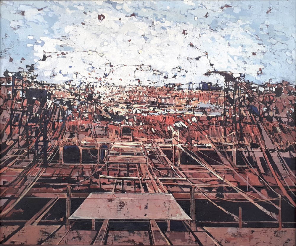 Construction..the sky! Exhilarating abstract modernist composition ca 1960 French oil on canvas