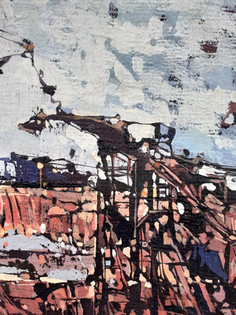 Construction..the sky! Exhilarating abstract modernist composition ca 1960 French oil on canvas View II