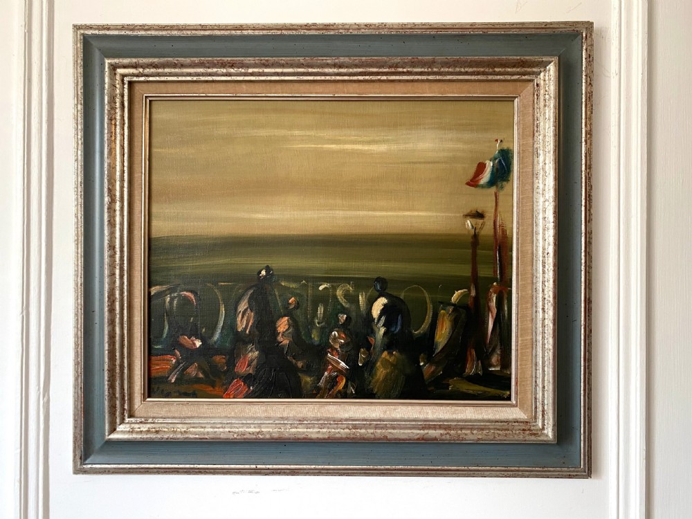 Figures on a balcony, overlooking the sea, magical Austrian surrealist expressionist oil on canvas
 View II