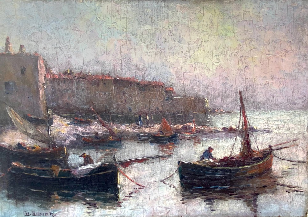 Cote d'Azur, Boats in the harbour of Saint Tropez, ca 1930, evening light Provence French Riviera Mediterranean seascape oil on panel