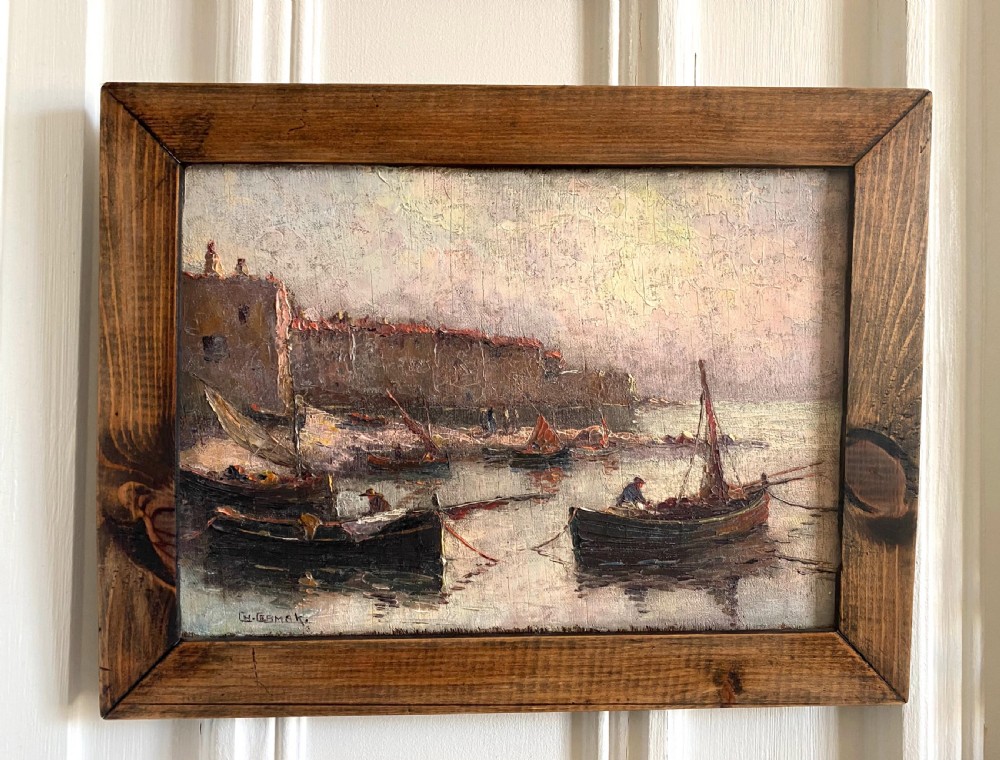 Cote d'Azur, Boats in the harbour of Saint Tropez, ca 1930, evening light Provence French Riviera Mediterranean seascape oil on panel View IV