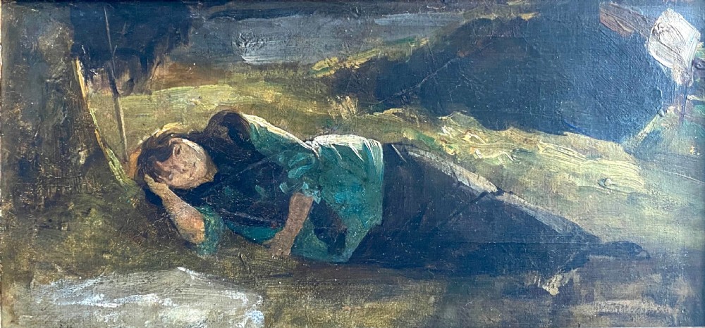 The homely woodland nymph, circa 1870: 19th Century antique French oil on board on canvas painting
