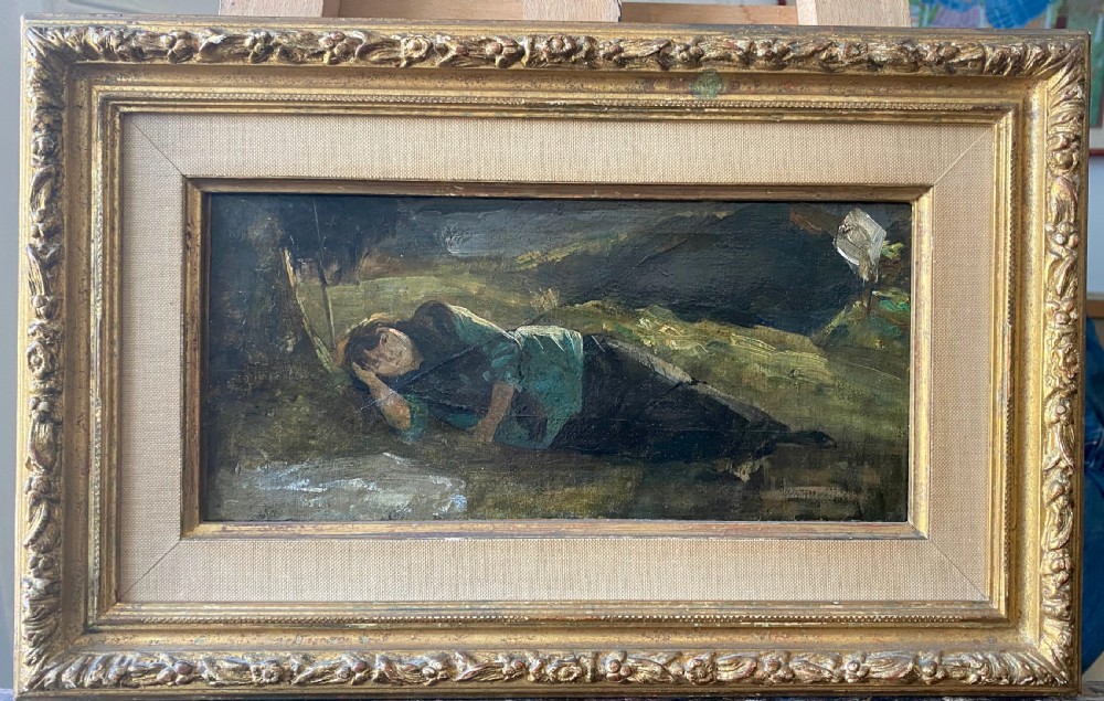 The homely woodland nymph, circa 1870: 19th Century antique French oil on board on canvas painting
 View II