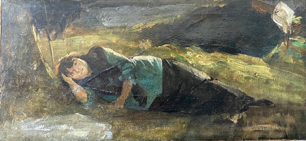 The homely woodland nymph, circa 1870: 19th Century antique French oil on board on canvas painting
 View V