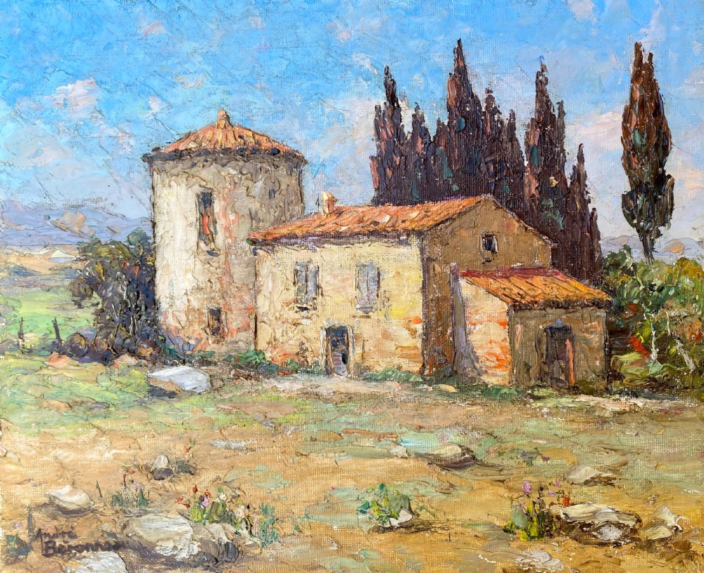 Farmhouse in Provence near St Tropez on the French Riviera: mediterranean landscape painting Cote d'Azur oil on board