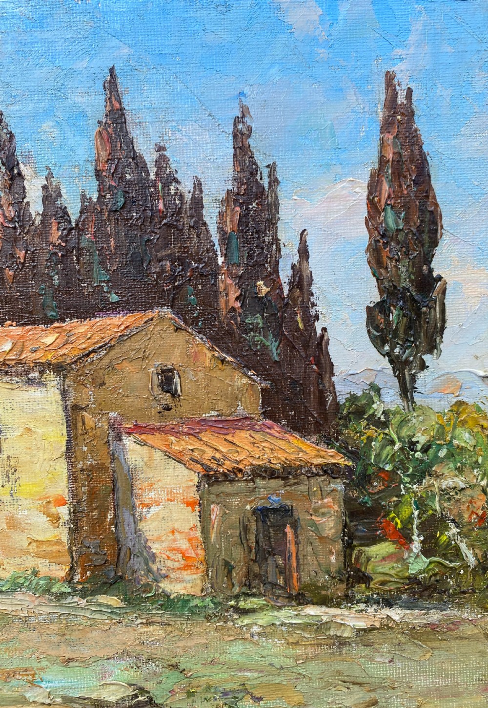 Farmhouse in Provence near St Tropez on the French Riviera: mediterranean landscape painting Cote d'Azur oil on board View III