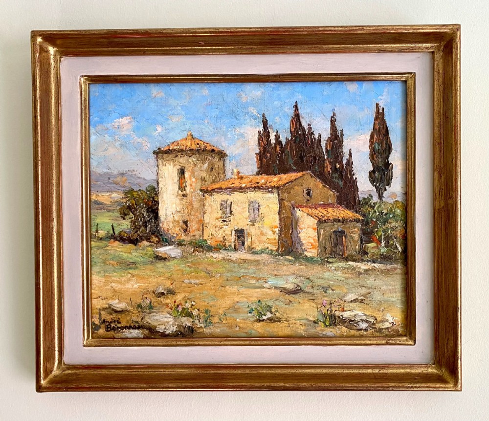 Farmhouse in Provence near St Tropez on the French Riviera: mediterranean landscape painting Cote d'Azur oil on board View V