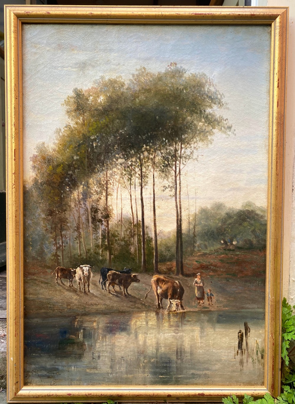 The little cowherdess and her son, ca 1870 French 19th Century Barbizon Fontainebleau rural scene landscape painting oil on canvas View VII