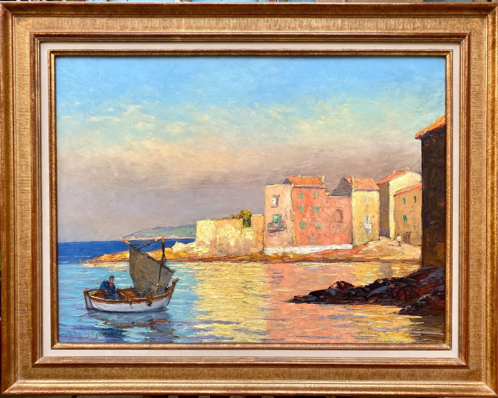 Late afternoon in Saint Tropez, ca 1940 French Riviera harbour in the South of France Provence mediterranean seascape oil on panel View II