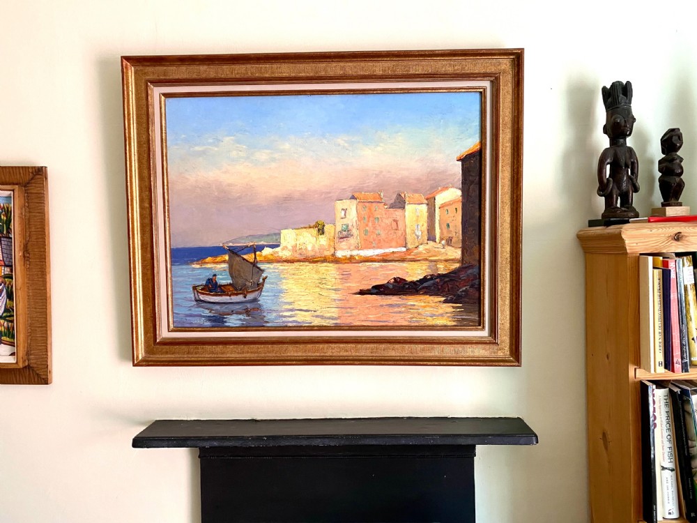 Late afternoon in Saint Tropez, ca 1940 French Riviera harbour in the South of France Provence mediterranean seascape oil on panel View IV