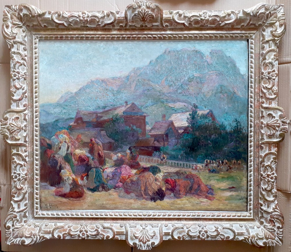 An early 20th-century oil painting on canvas featuring figures in traditional dress kneeling in prayer near wooden village houses beneath a towering mountain peak. View II