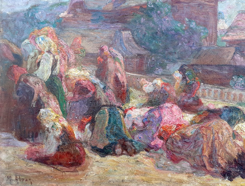 An early 20th-century oil painting on canvas featuring figures in traditional dress kneeling in prayer near wooden village houses beneath a towering mountain peak. View III