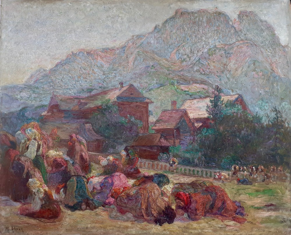 An early 20th-century oil painting on canvas featuring figures in traditional dress kneeling in prayer near wooden village houses beneath a towering mountain peak. View VII