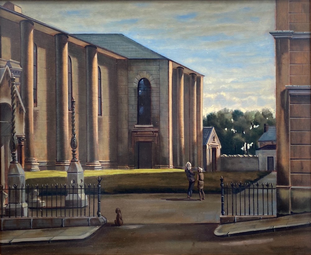 Architecture: dreamlike hyperrealist city scene with figures and a dog French surrealist oil on board painting View V