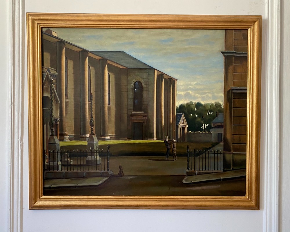 Architecture: dreamlike hyperrealist city scene with figures and a dog French surrealist oil on board painting View VI