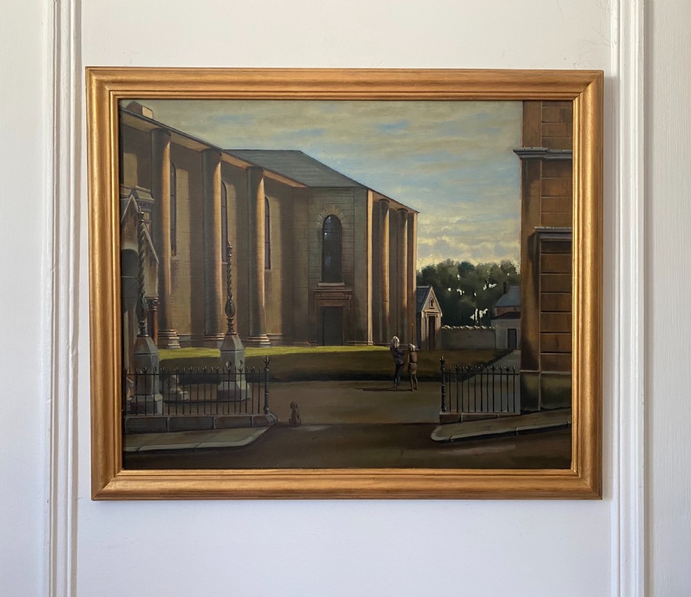 Architecture: dreamlike hyperrealist city scene with figures and a dog French surrealist oil on board painting View VII