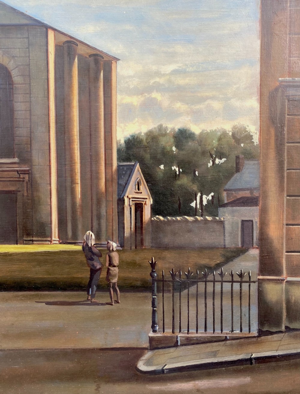 Architecture: dreamlike hyperrealist city scene with figures and a dog French surrealist oil on board painting View XI