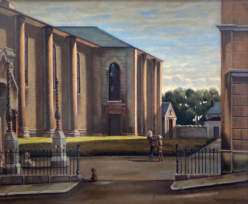 Architecture: dreamlike hyperrealist city scene with figures and a dog French surrealist oil on board painting View XIII