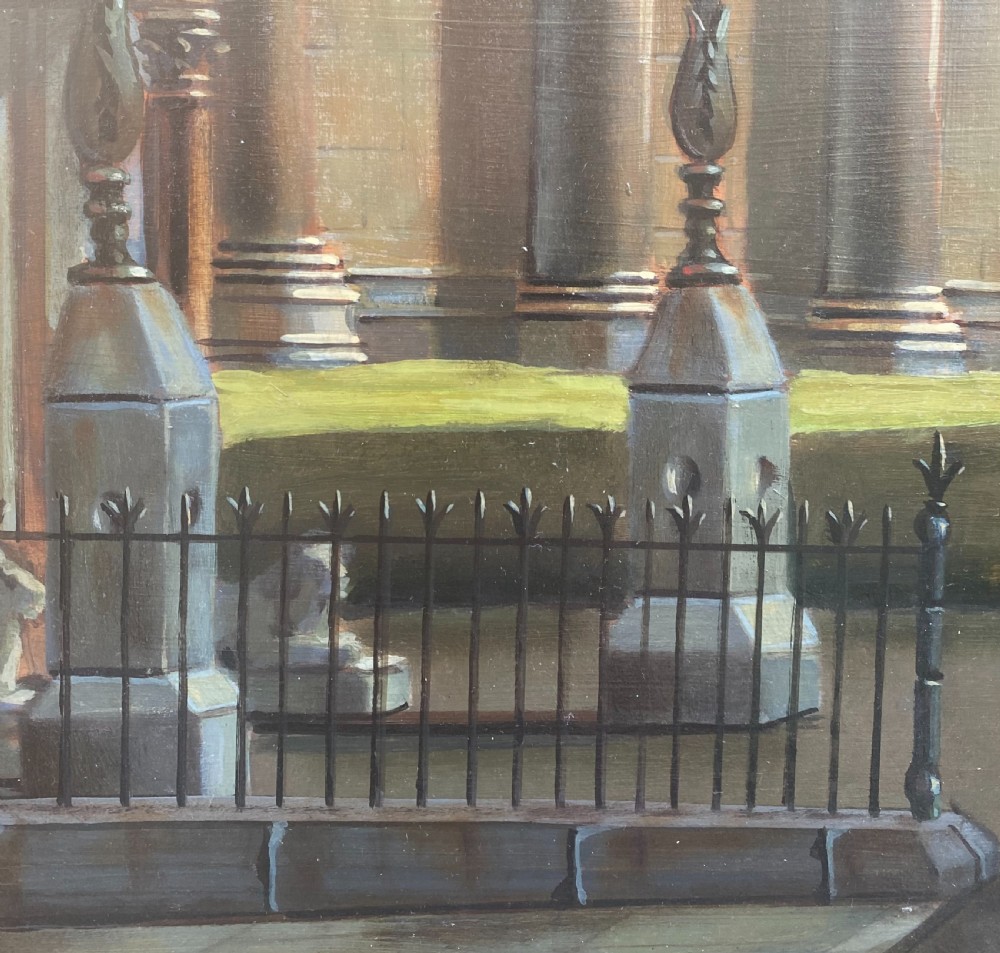 Architecture: dreamlike hyperrealist city scene with figures and a dog French surrealist oil on board painting View XV