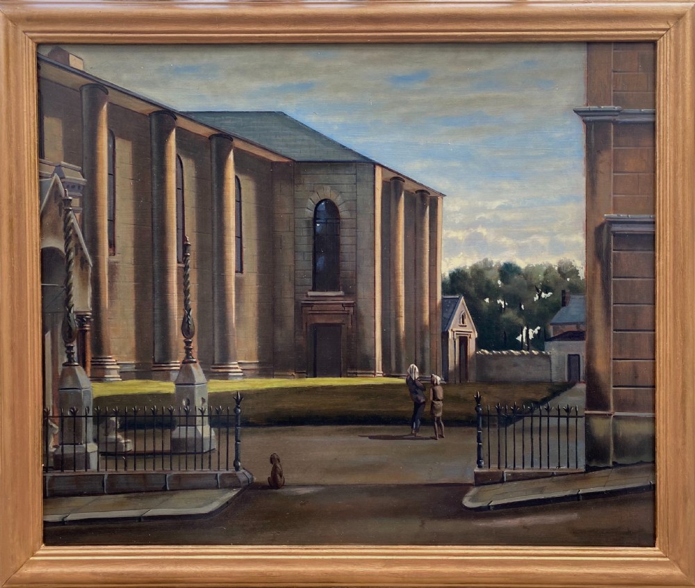 Architecture: dreamlike hyperrealist city scene with figures and a dog French surrealist oil on board painting View XVI