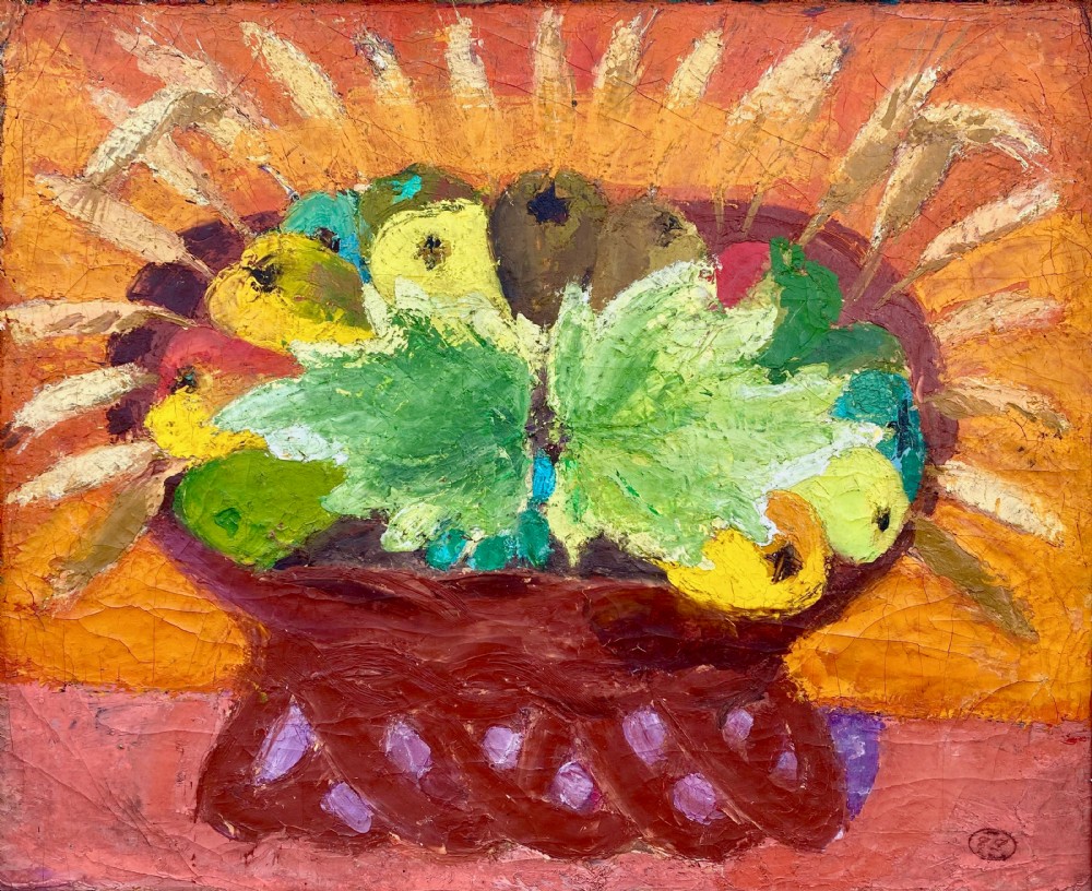 Joyful abstracted still life with fruit and wheat, French colourist woman artist oil on canvas painting