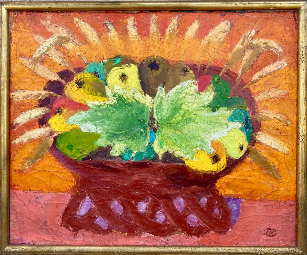 Joyful abstracted still life with fruit and wheat, French colourist woman artist oil on canvas painting View II