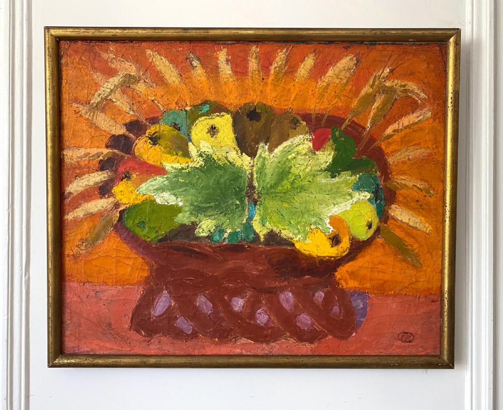 Joyful abstracted still life with fruit and wheat, French colourist woman artist oil on canvas painting View III