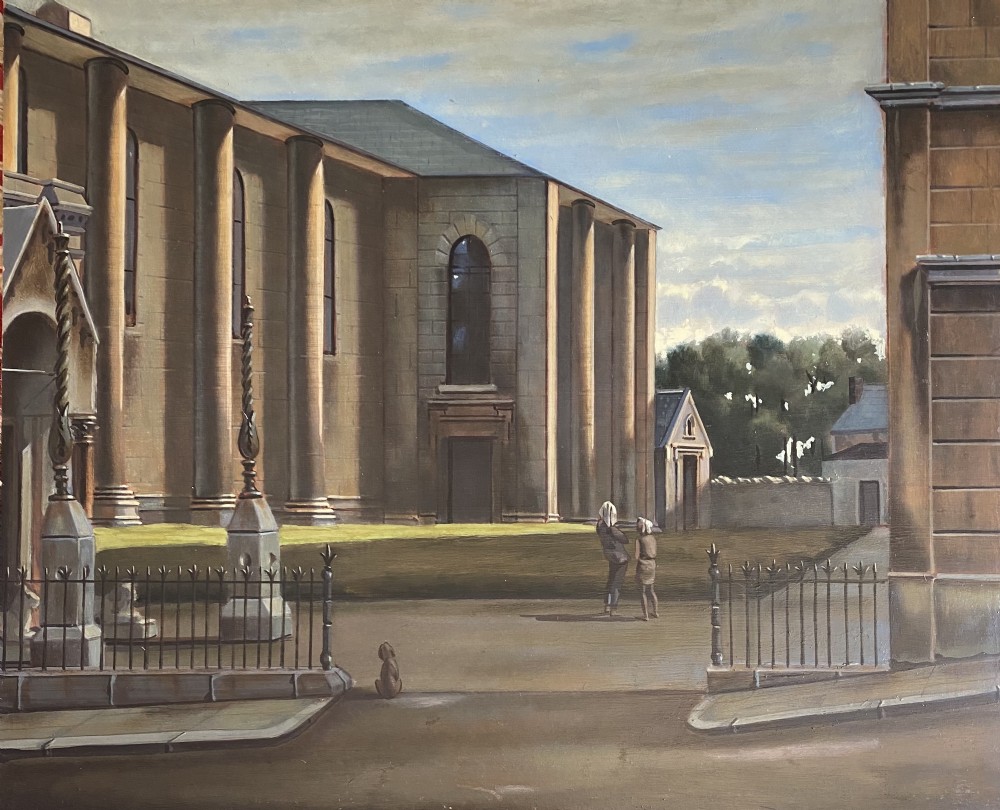 Architecture: dreamlike hyperrealist city scene with figures and a dog French surrealist oil on board painting