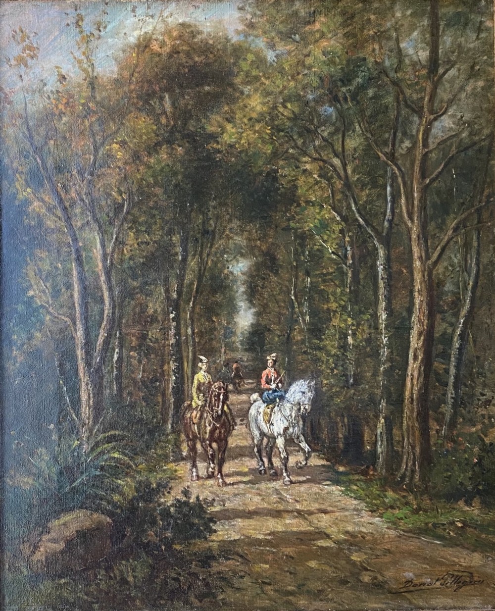 The Amazones: horses and riders in the woods art nouveau circa 1890 French equestrian oil on canvas
