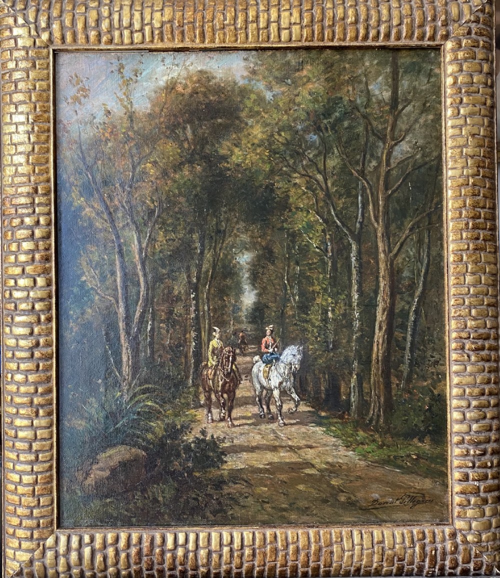 The Amazones: horses and riders in the woods art nouveau circa 1890 French equestrian oil on canvas View VII