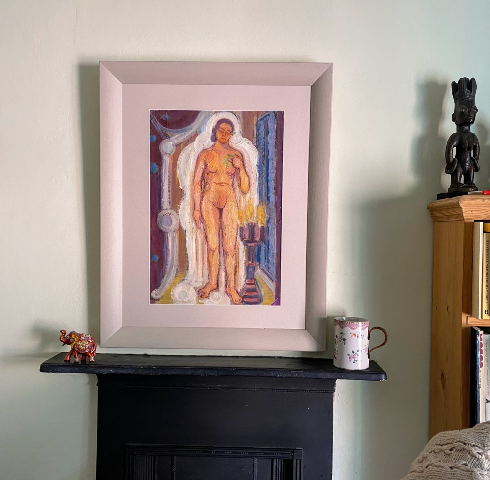 A full-length oil painting on paper depicting a standing female nude figure framed by white drapes against a background of blue, purple, and yellow accents. View III