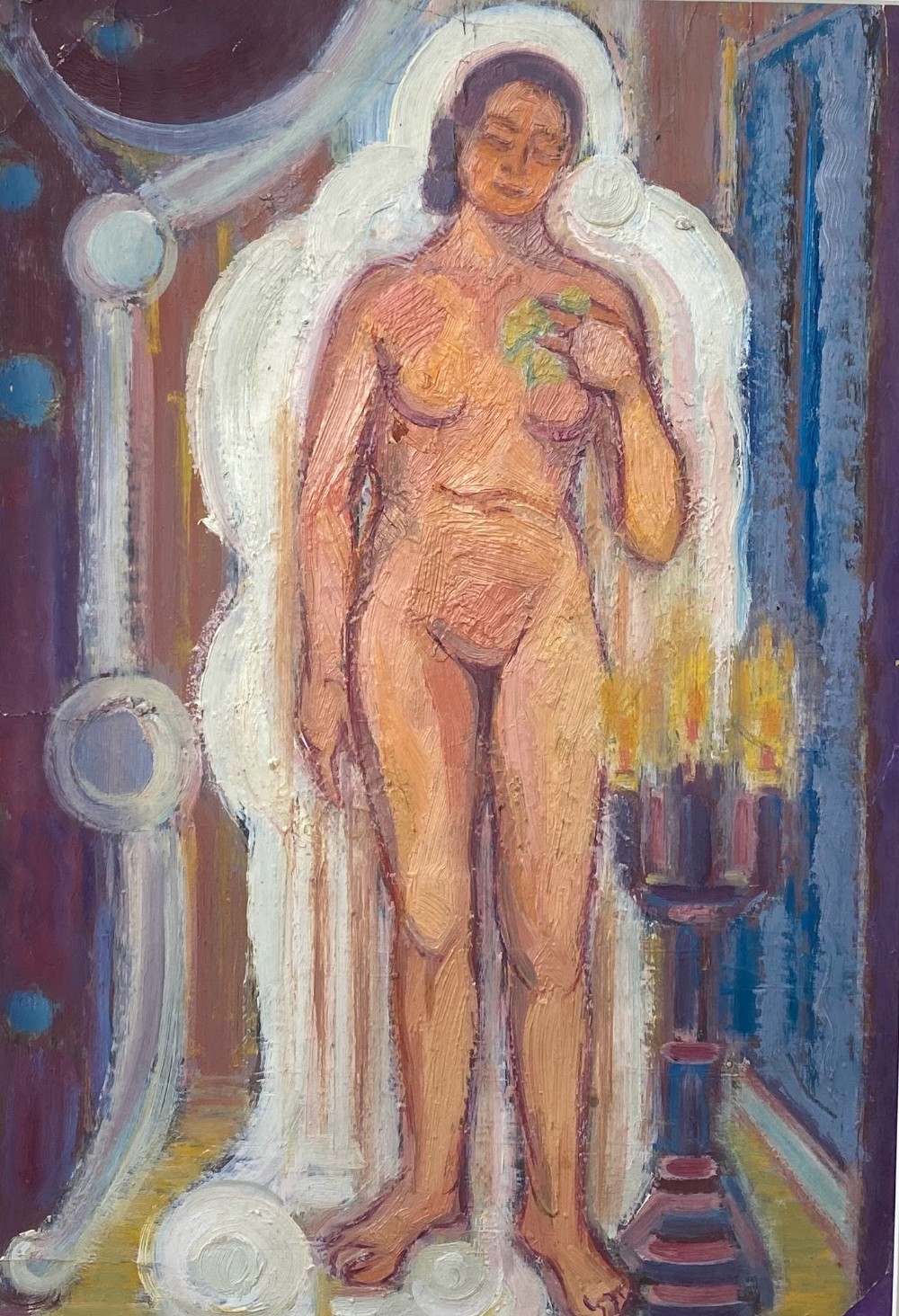 A full-length oil painting on paper depicting a standing female nude figure framed by white drapes against a background of blue, purple, and yellow accents.