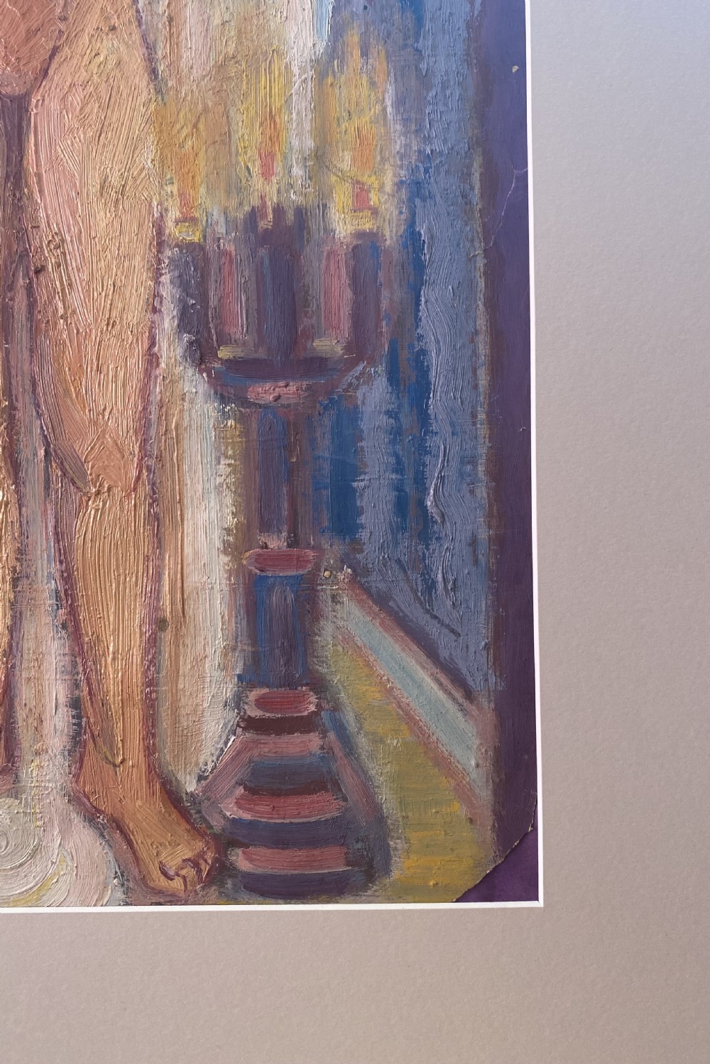 A full-length oil painting on paper depicting a standing female nude figure framed by white drapes against a background of blue, purple, and yellow accents. View VI